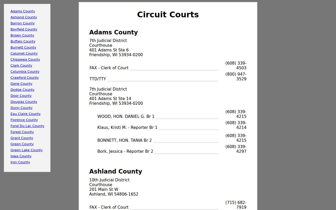 Wisconsin directory for Ashland County criminal court cases