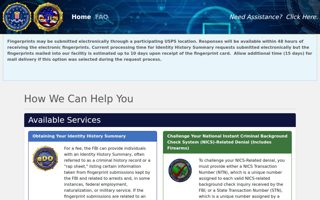 FBI identity history portal for an Ashland County criminal record self-review