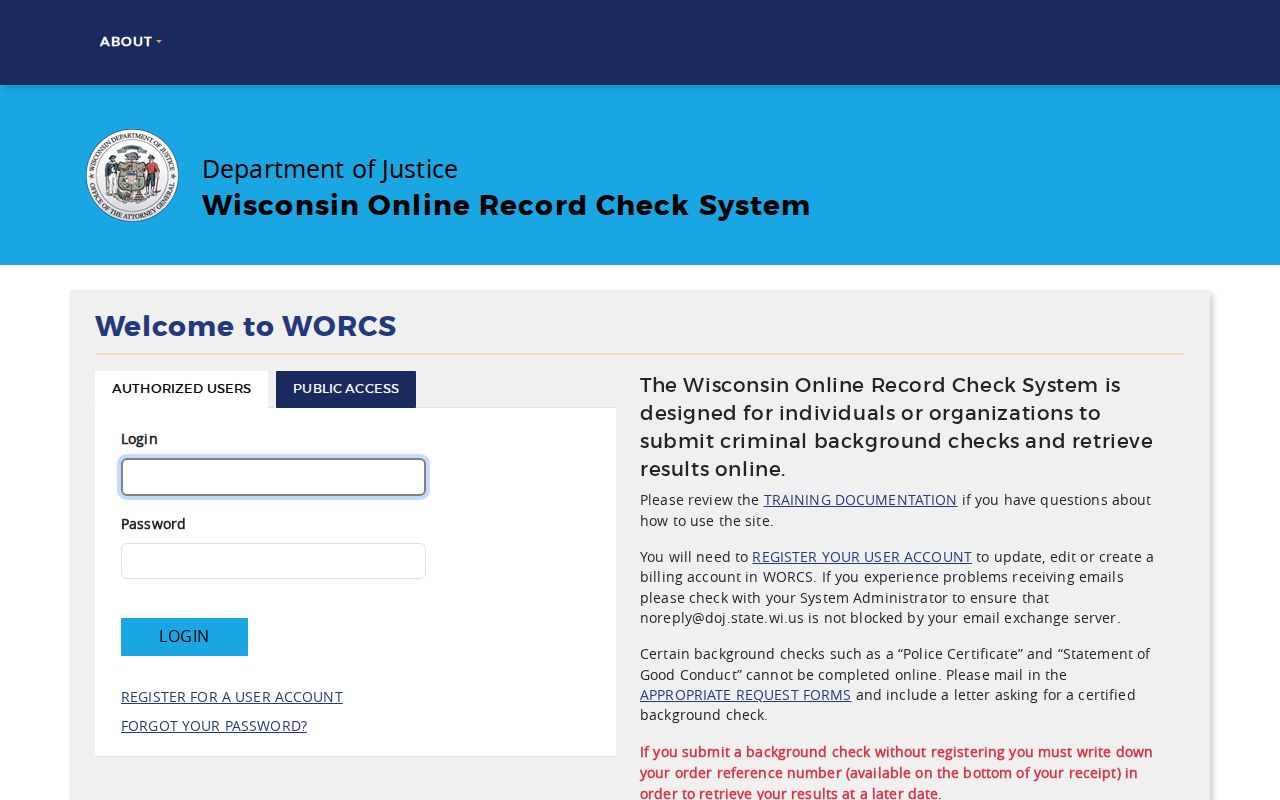 Ashland County criminal history search through the Wisconsin WORCS portal