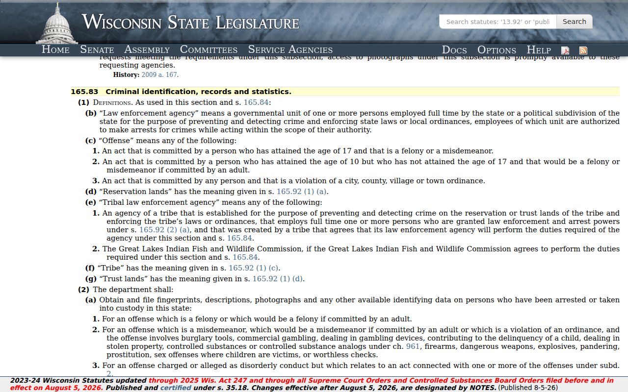 Butternut criminal records and Wisconsin criminal history reporting statute section 165.83